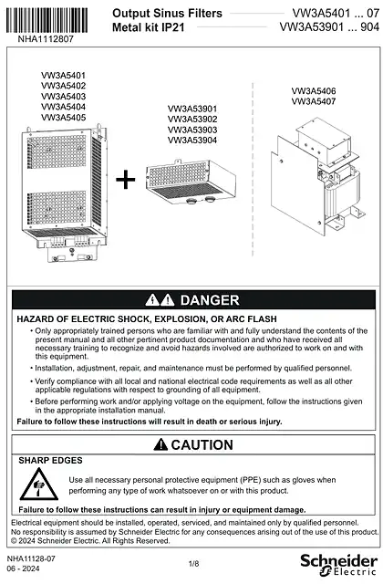schneider施耐德Instruction Sheet Output Sinus Filter & Metal kit IP21